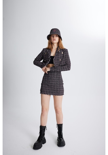 Holly Lolly Tüvit Kumaş Mini Tweed Etek Siyah