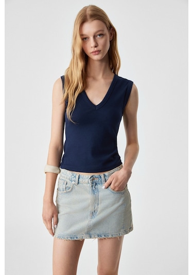 GRIMELANGE Lescosa Kadın Slim V Yaka Kolsuz Lacivert T-shirt Lacivert