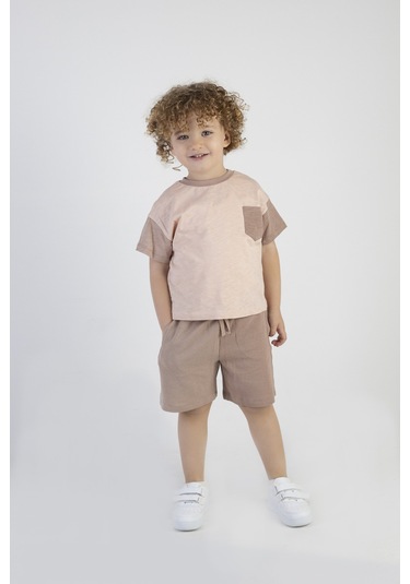 Erkek Çocuk Kahve Desen Kısa Kollu Şortlu Basic Alt Üst Takım 001