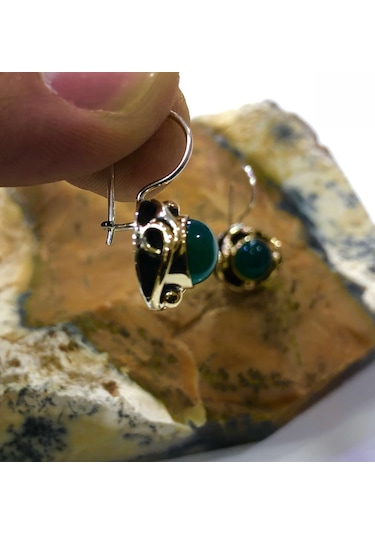 Gumusevi Yeşil Akik Taşlı Gümüş Küpe 925 Ayar El Işi N11.96536