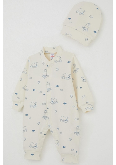 Breeze Erkek Bebek Tulum Sevimli Deniz Hayvanları Desenli 0-6 Ay, Krem Krem