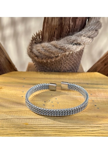 Tamamı Çelik Yarım Ay Şeklinde Chavin Model Çelik Unisex Bileklik Gümüş