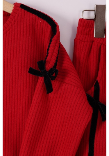 Monox Kız Çocuk Kurdale Detaylı Fitilli Polar Takım Kırmızı