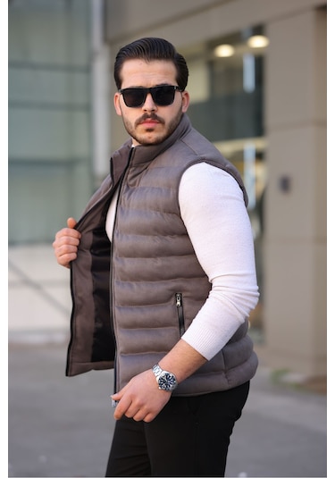 Erkek Gri Nubuk Süet Şişme Yelek