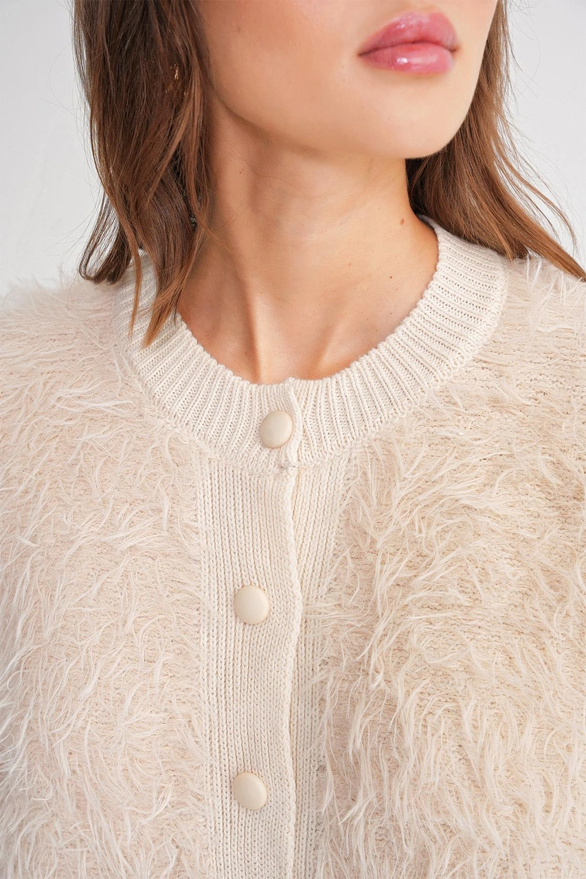 6897 Kadın Uzun Sakallı Bant Detaylı Triko Hırka Naturel Naturel