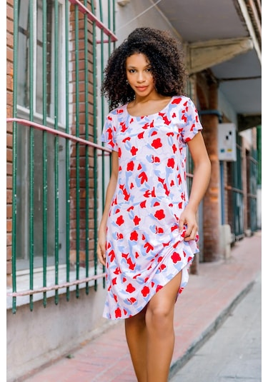 Dökümlü Rahat Kalıp Günlük Penye Kumaş Elbise-mercan Mercan