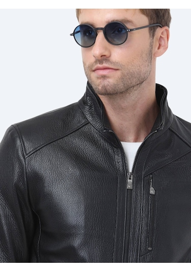 Kip Siyah Regular Fit Kapüşonlu Smart Casual Koyun Derisi Deri Mont