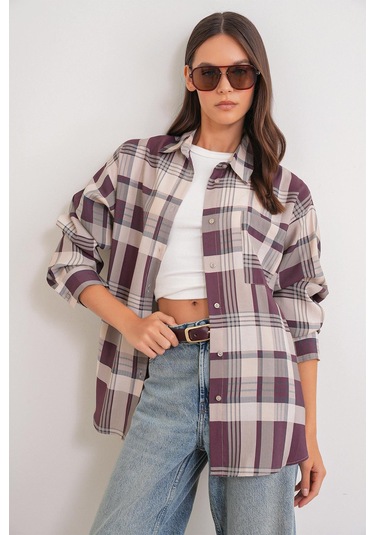 4752 Kadın Oversize Ekose Gömlek Bordo Bordo