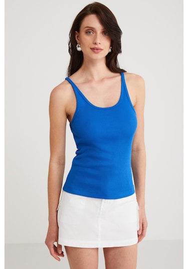 Ethıquet Lızeth Kadın Slim Fit Dar Kesim Oyuk Yaka İnce Askılı Basic Mavi Atlet