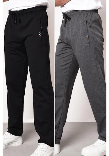 MMetalic Erkek Siyah-antrasit Düz Paça Cep Fermuar Detaylı Rahat Kesim 2'li Eşofman Altı Paketi 001 Siyah - Antrasit