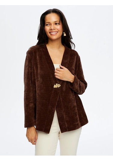 Faik Sönmez Metal Aksesuar Detaylı Şönil Kadın Hırka W26hrk004 Kahve