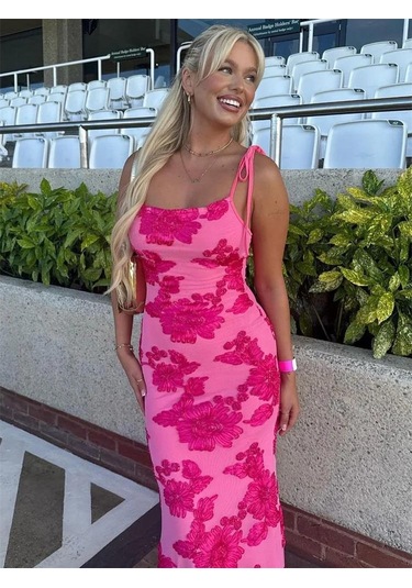 Pembe Ayarlanabilir Askılı Çiçekli Astarlı Maksi Pembe