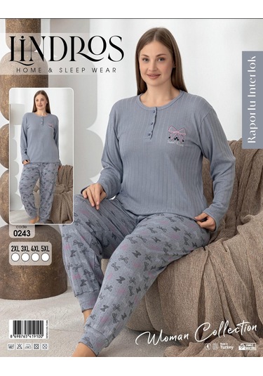 Lindros Kadın Pamuk'lu Düğme Yaka Raporlu İnterlok Kışlık Battal Pijama Takımı 0243 - 1 Adet Gri