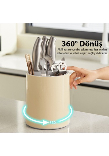 Ezere Çatal - Biçak - Kasik Saklama Ve Kurutma Kutusu Dönebilen Mutfak Düzenleyici - Krem Krem