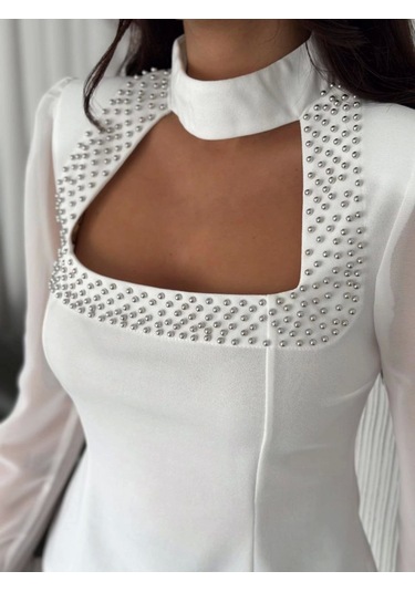 Modaserdem Kolları Şifon Göğüste İnci Boncuk Detaylı Bluz - Beyaz Beyaz