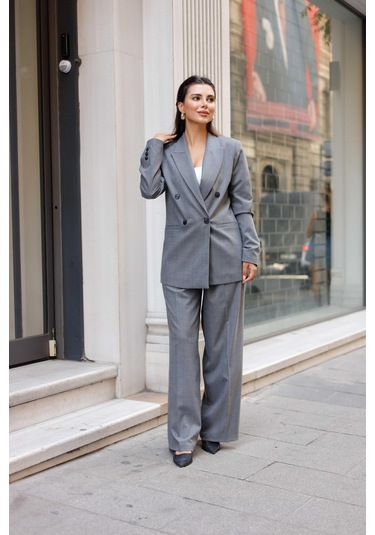 4 Düğmeli Kruvaze Geniş Çizgili Takım Gri Gri