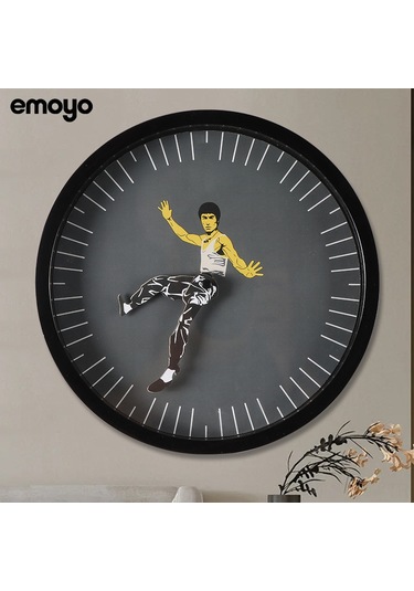 Moveevo Kara Renkli Sessiz Duvar Saati - Bruce Lee Kung Fu Desenli Ev Dekorasyonu, Dayanıklı Malzeme İle Konforlu Kullanım Çok Renki