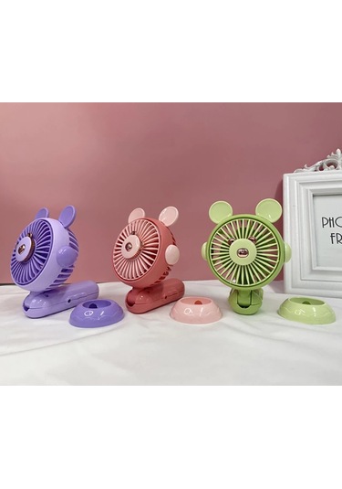 Şarj Edilebilir Fanlı Ayıcık Figürlü Ayarlanabilir El Fanı Vantilatör - Mor