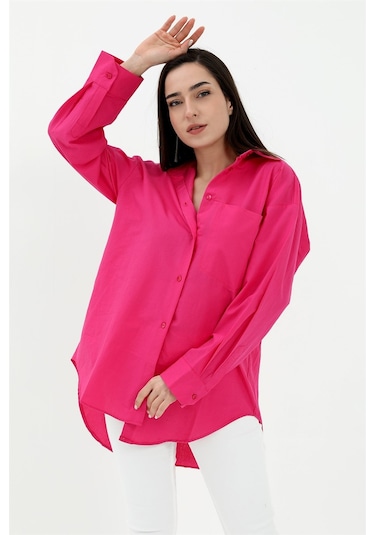 Tek Cepli Kolları Katlı Oversize Kalın Keten Gömlek - Fuşya-fuşya Fuşya