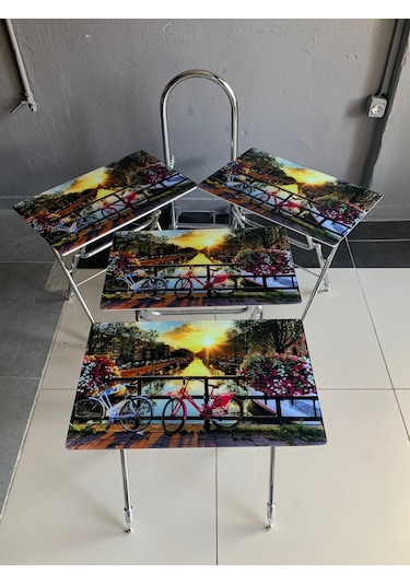 Camlı Bisiklet Desenli Çanta Zigon Sehpa 4'lü