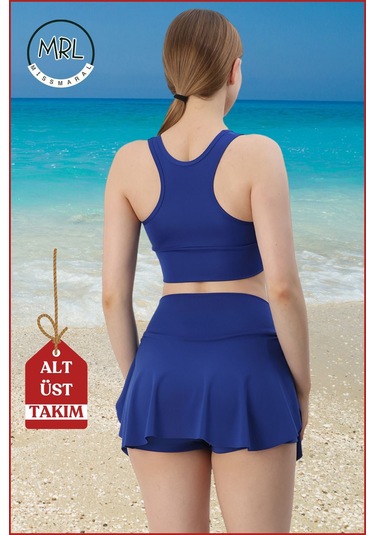 Kadın Alt-üst Takım Şort & Sabit Pedli Üst Crop Denizde Havuzda Sporda Swimsuit Mavi Takım3107 Mavi