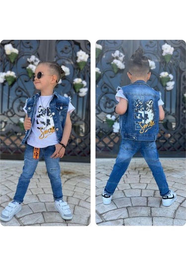 Uğur Böceği Çocuk Kurt Desenli Kot Yelekli Pantolon Tshirt Üçlü Erkek Takım 2-12 Yaş Mavi