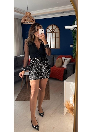 Kadın Uzun Kollu V Yakalı Üst Krep Alt Payet Kısa Elbise Siyah