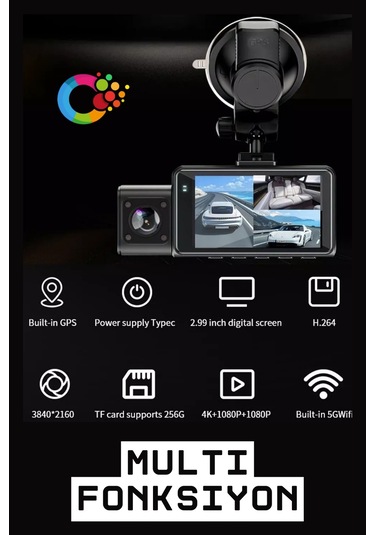 Wearfitpro F6 4k 1080p Monitörlü Gece Görüşlü 3 Kanal Araç İç Dış Kamera