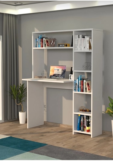Kitaplıklı Kütüphaneli Çalışma Masası Beyaz