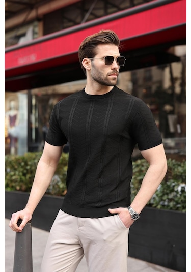 Siyah Bisiklet Yaka Slim Fit Triko Erkek Tişört E7466