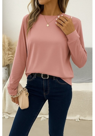 Tua Moda Kadın Uzun Kollu Bisiklet Yaka Viskon Bluz Pembe