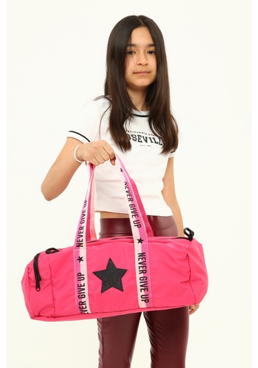 Kız Çocuk Yıldız Baskılı Spor Çanta, Yan Cepli Spor Çanta, Pembe Fuşya