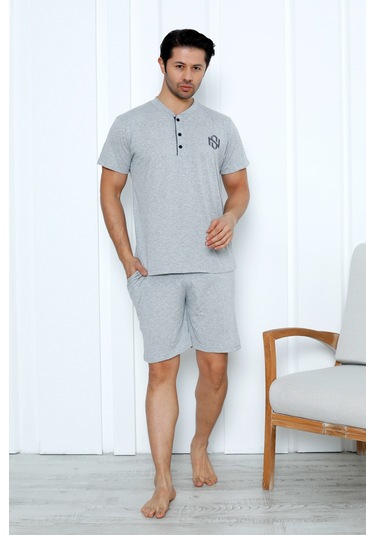 Yüksek Kaliteli Pamuk Penye: Erkekler İçin Mevsimlik 3 Parça Kısa Kollu Pijama Takımı Babalar Günü Hediyesi Gri