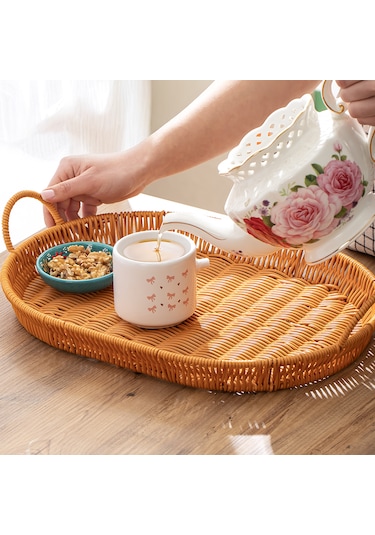 Porsima 708d Oval 3'lü Hasır Tepsi Dekoratif Sunum Servis Tepsisi