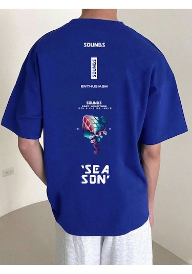 Erkek Sax Mavi Oversize Sea Son Baskılı Örme T-shirt Sax Mavi