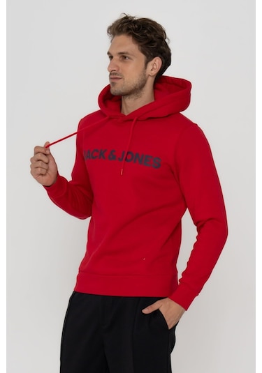 Jack & Jones Erkek Logo Baskili Kapüsonlu Sweatshirt - Deldrick 12193083 Tango Red Siyah
