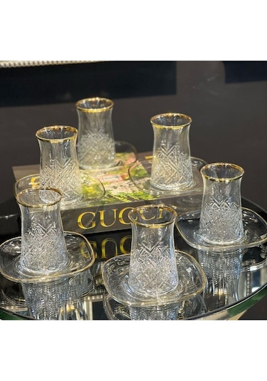 Elta Collection 12 Parça Gerçek Yaldızlı Timeless Çay Seti Şeffaf