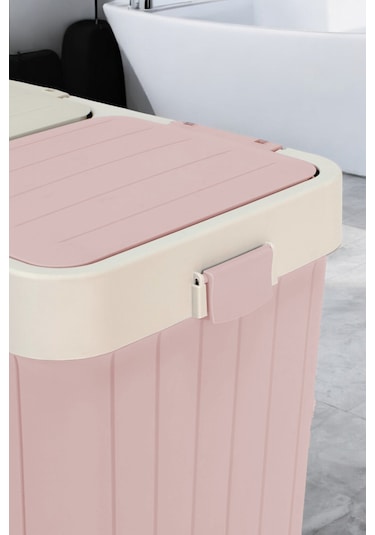 İronika Dokunmatik Kapaklı 2 Bölmeli Kirli Temiz Çamaşır Sepeti Oyuncak Sepeti 80lt Pembe-krem Pembe