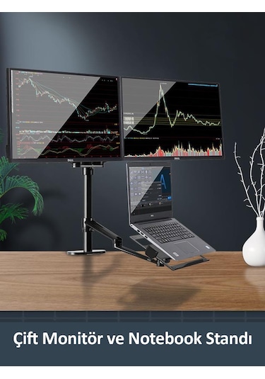 NPO STD7093 10"-27" Notebook Stand ve Vesa Monitör Tutucu Çift Kol - Koyu Gri