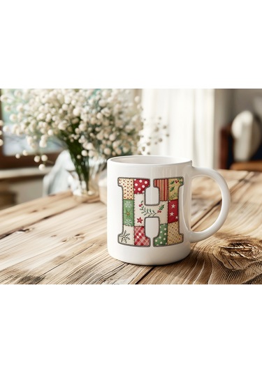 H Harfi Yılbaşı Temalı Kupa Bardak - Yeni Yıl Konsept Yamalı Efekt Tasarım - Noel Hediye Beyaz