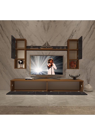 Decoraktiv Eko 5da Mdf Std Tv Ünitesi Tv Sehpası Ceviz - Siyah Mermer
