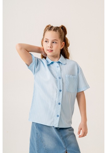 Kız Çocuk Bebe Yaka Yarım Kol Gömlek 3171 Mavi
