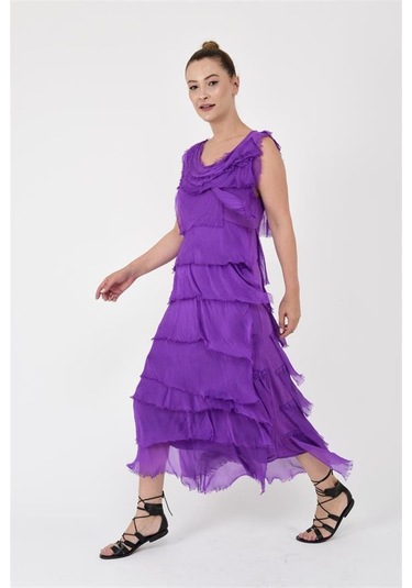 Italyan 2 Beden İnce Gösteren Kat Kat Kolsuz Ipek Elbise Kmor