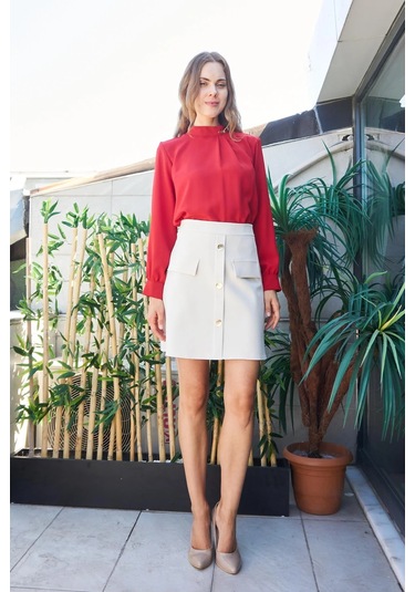 Kadın Diz Üstü Yüksek Bel Önü Düğmeli Cep Kapaklı Hafif Likralı Kumaş Çan Etek-şampanya Şampanya