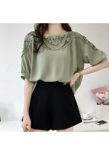 Moda Kısa Kollu Kadın Bluz Gömlek Şifon Kadın Giyim Artı Boyutu Kadın Üstleri Ofis Gömlek Mavi