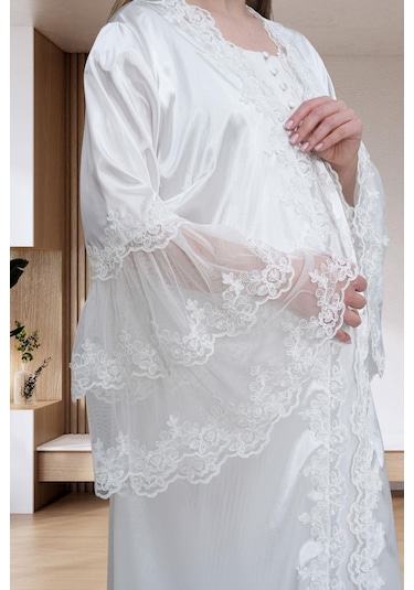 Mecit 6301 Ekru Hamile Lohusa Dantelli Sabahlık Gecelik Takım