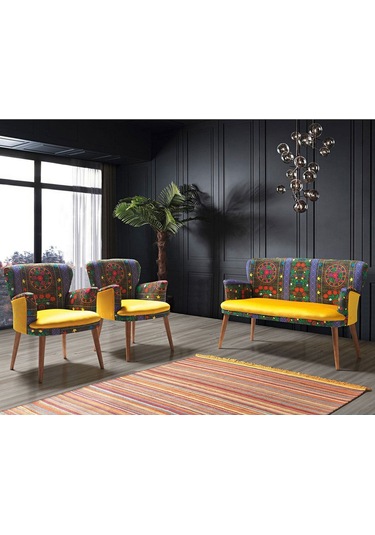 Kayser Home Çay Seti Koltuk Takımı Oturma Grubu Balkon Ofis Bahçe Mobilya Etnik Desen Nubuk Kumaş Sarı Sarı