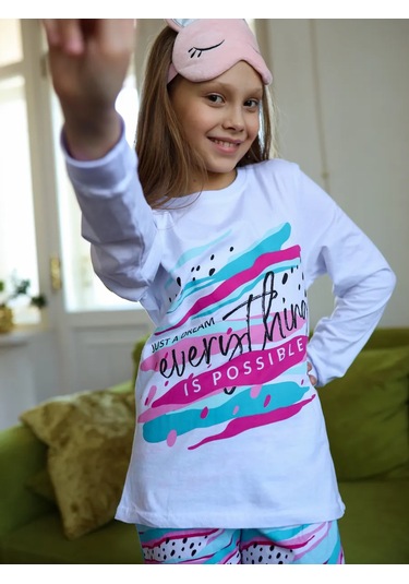 Miko Yumi Kız Çocukları İçin Pamuklu Pantolonlu Pijama 177620358 Mavi Buz