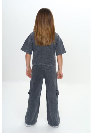Toontoy Kız Çocuk Yıkamalı Crop Eşofman Takım Füme Melanj
