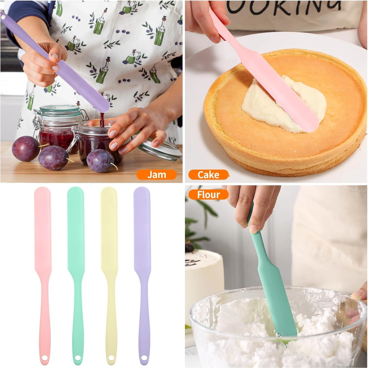 Hombey 4 Renkli Isı Dayanıklı Silikon Spatula Seti, 25 Cm Kek Krema Sürme Ve Karıştırma Araçları, Anti Yapışkan Malzeme İle Mutfak Gereci Paketi Çok Renkli